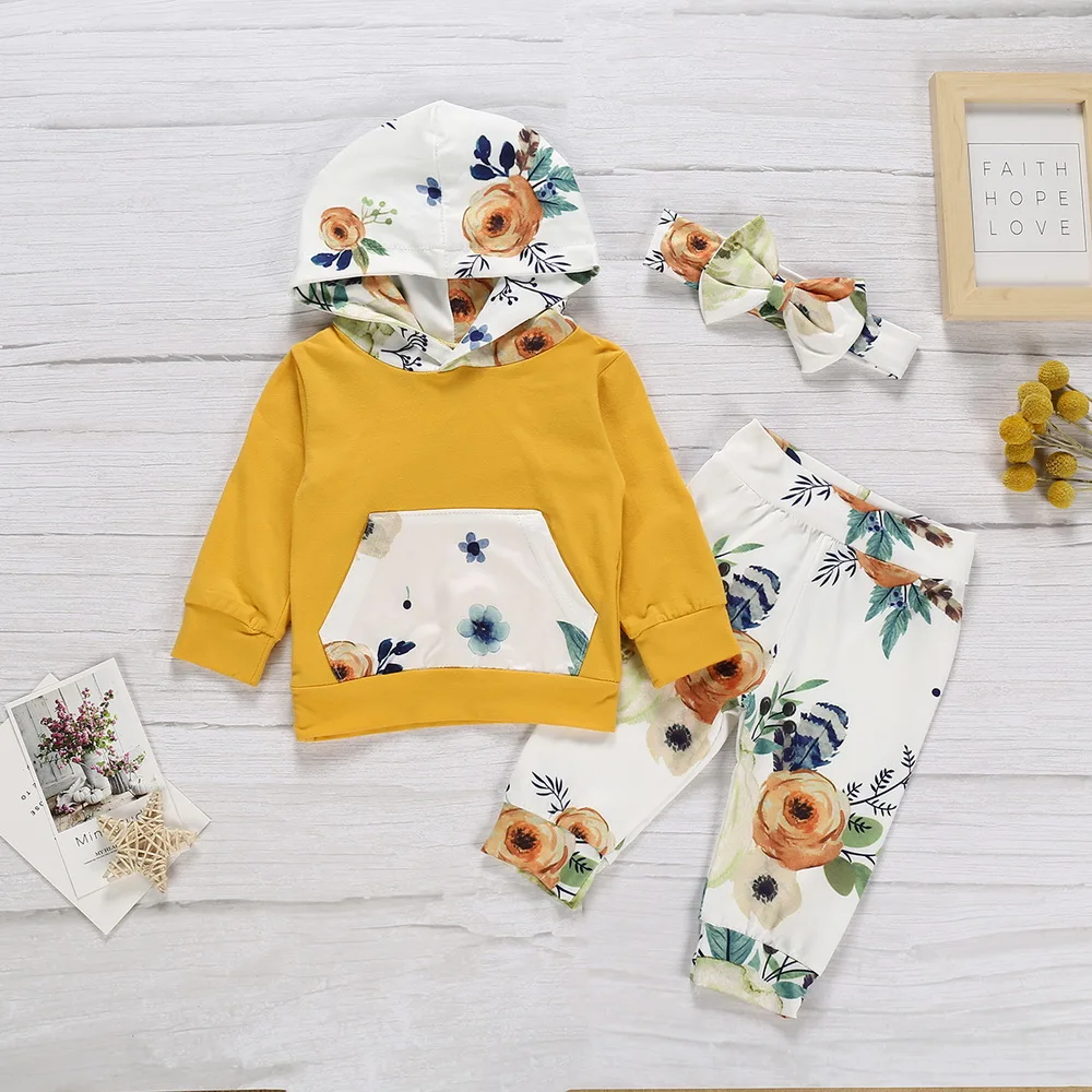 

Winter Baby Girl Set Newborn Clothes 0-2T Cotton Hoodies Tops+Pant+Headband Casual Floral Toddler Girl Clothes Fashion 2019 D35