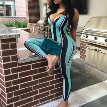 

2019 Summer Fashion Tight-fitting elastic Sexy Multicolor Striped Women Rompers Spaghetti Strap Halter Bodycon Women Jumpsuits