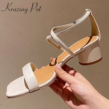 

Krazing pot full grain leather peep toe med heel brand summer shoes French romantic beauty lady elegant dating sandals women L57