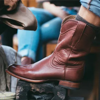 

Men Motorcycle Boot Winter Warm Mid Calf Pointed Toe Male Fashion Boots PU Leather Classic Solid Color Boots TV847