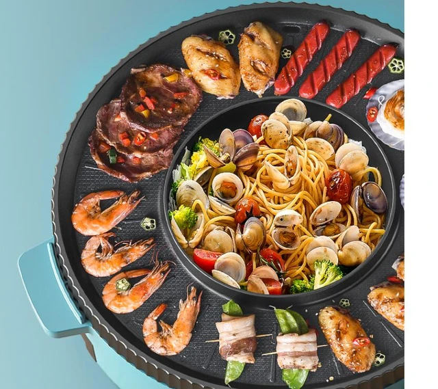 220V Electric Barbecue Grill Machine 2 In 1 Hotpot Non-stick Household  Multi Cooker Pan Hot Pot Two Flaver Hot Pot