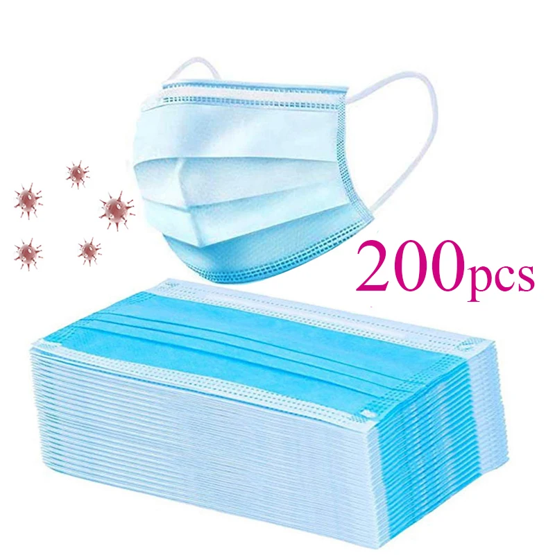 

200Pcs Disposable Protective Masks 3 Layer Nonwove Ply Filter Hygiene Face Mask Anti-Dust Anti-flu Meltblown Earloop Mouth Mask