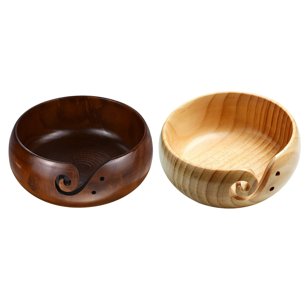 Wooden Yarn Bowl Knitting Crochet Woolen Storage Organizer Bowl With Carved Hole