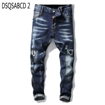 

European American Style dsq brand mens jeans luxury Men straight denim trousers zipper Patchwork Slim blue jeans for men 1007