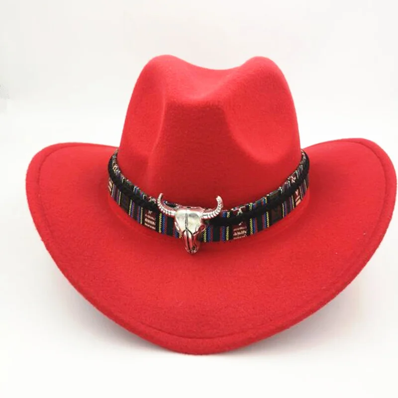 Широкополый Западный ковбойский шляпа для джаза для мужчин и женщин стильная шерстяная войлочная одежда шляпные ленты Металлическая голова бульдога украшенная Панама - Цвет: red
