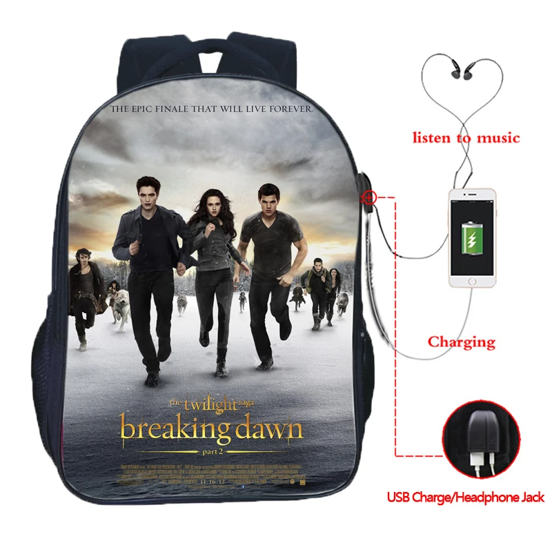 16 Красивый рюкзак Twilight USB Charge для мужчин и женщин, рюкзак для девочек и мальчиков, модный рюкзак, красивый рюкзак edard Cullen - Цвет: 16