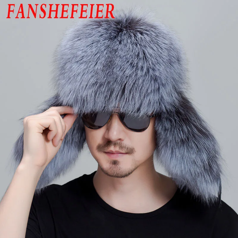 Fanshefeier русская Кожаная Шапка-бомбер мужская зимняя шапка наушники мужские шапки из натурального меха енота Черная шапка с лисой