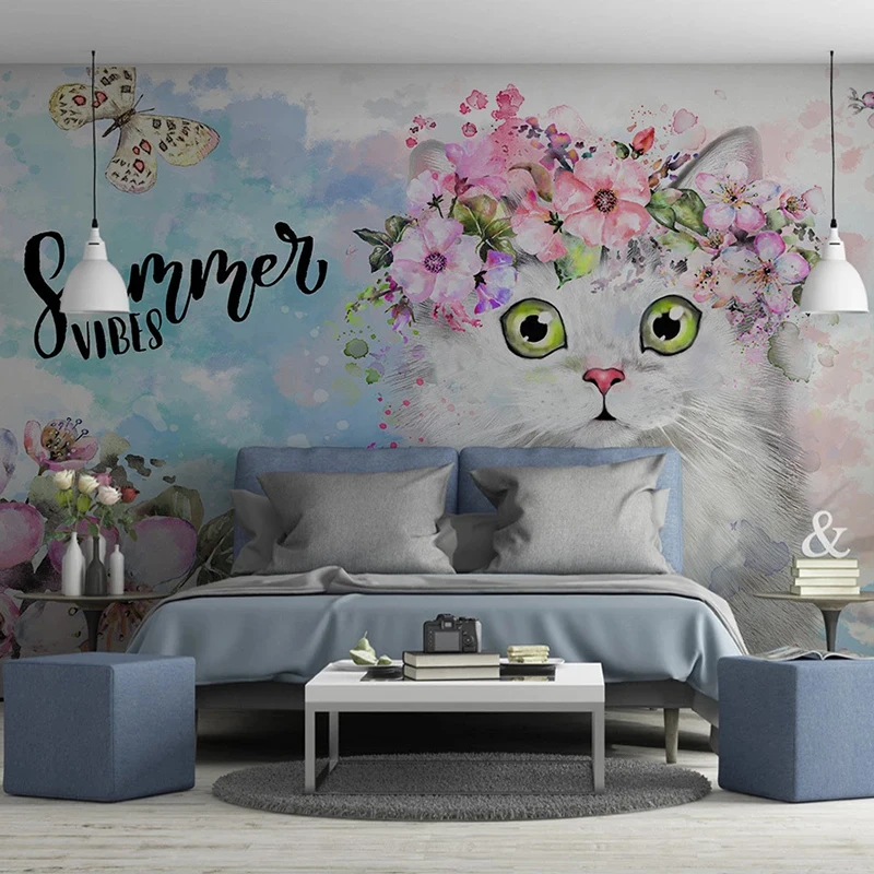 Mural 3D de pared Summer Vibes Cat Flowers Animales Floral Infantil MURALES 3D DE PARED