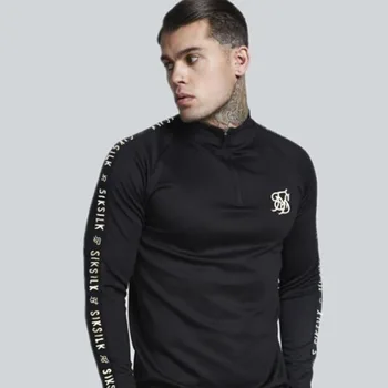 

Fashion Men Sik Silk Embroidery Solid Color Elastic Tshirt High Zipper Stretch Neck Long Sleeve Men Slim Casual T-shirts Tops