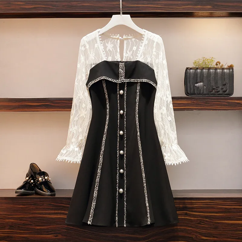 

HAMALIEL Large Size Women Casual Ball Gown Dress Autumn Single Breasted Patchwork Lace Dress Fashion Tassel Hollow Out Vestidos