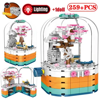 

Creative LED Light Rotating Music Box City Street View Friends Building Blocks Cherry Blossom Tree House Bricks Toys for Girls