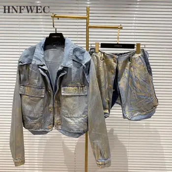 

2020 Autumn New Long Sleeve Turn Down Collar Vintage Denim Jacket Shorts Two Piece Set Women P771