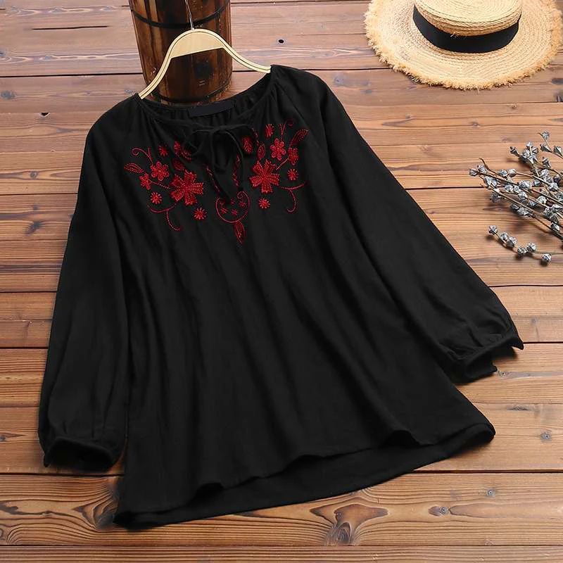  Women Vintage Embroidery Floral Shirt Blouse Spring Autumn V Neck Long Sleeve Ladies Tops Blouses P