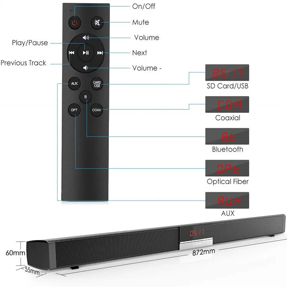 HYASIA SR100 Plus Bluetooth Soundbar Home TV Speaker Wireless Subwoofer Remote Control Stereo Sound Speakers for Home Theater