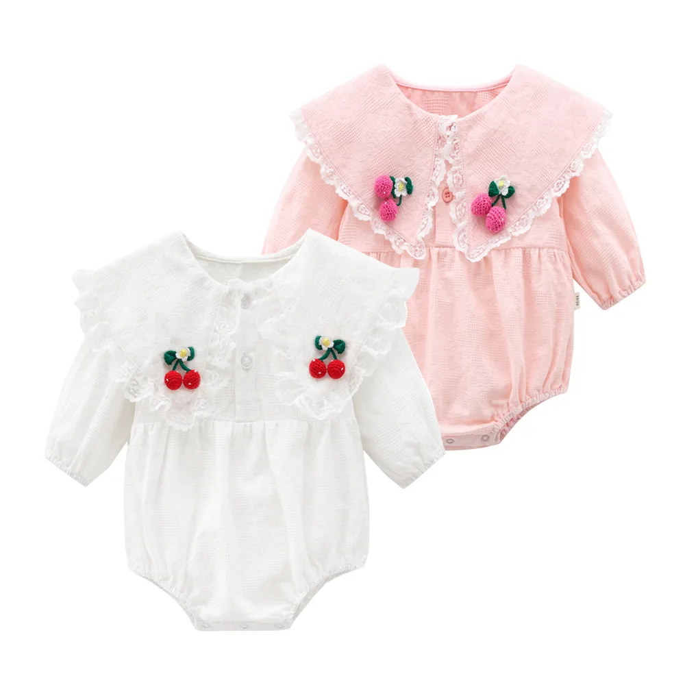 

2023 Spring Autumn New Infant Bodysuit Baby Girls Costume Pink Lace Peter Pan Collar Long Sleeve Princess Playsuits For Newborn