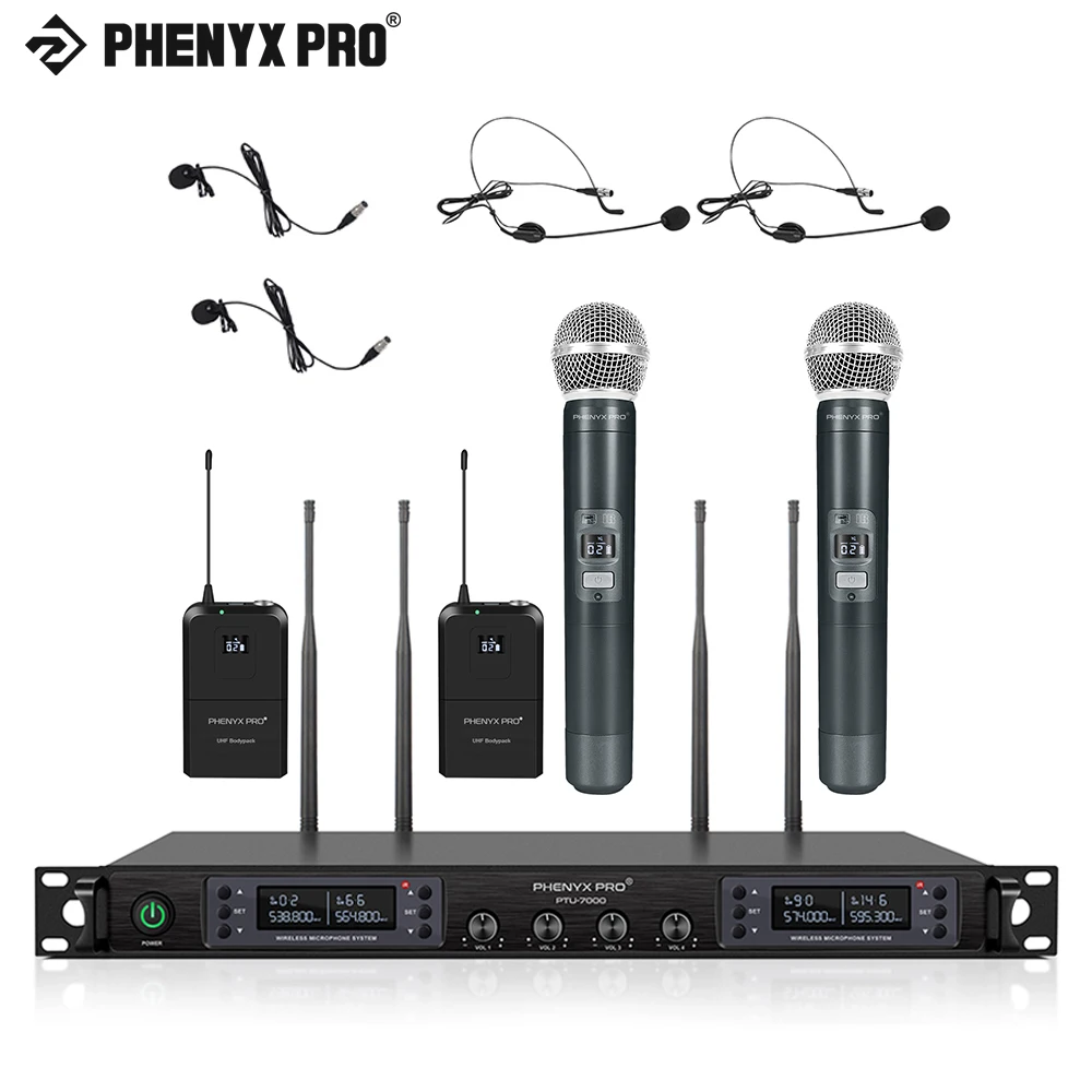 Phenyx Pro Wireless Microphone System,2x100 Adjustable UHF Channels Ptu 71 2h Bundle With 6ft Xlr Snake E 420538