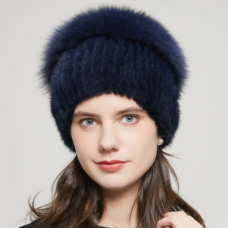 

GYR-03 Popular Style Women's Mink Knitted Elastic Hat Fox Fur Winter Warm Thickened All-Matching Fur Hat