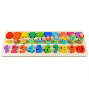 

3-in-1 Wooden Hand Grasp Puzzle Number Shape Matching Cognition Early Educational Toys for Children Color & Shape Learning