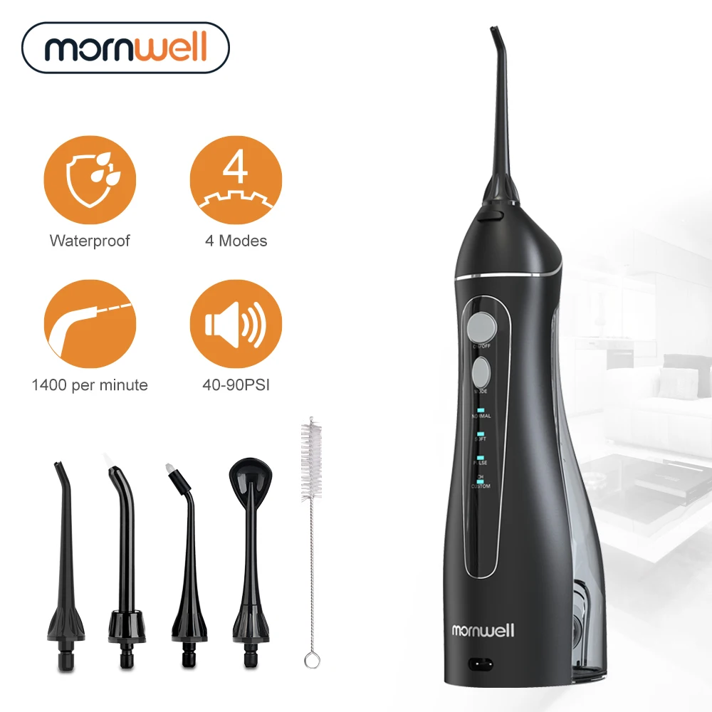 Mornwell Portable Oral Irrigator With Travel Bag Water Flosser USB Rechargeable 5 Nozzles Water Jet 200ml Water Tank Waterproof