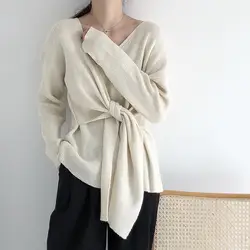 Корейский вязаный женский свитер для женщин Топ женский v-образный вырез шнуровка длинный рукав пуловер Джемпер женский 2019 Новый
