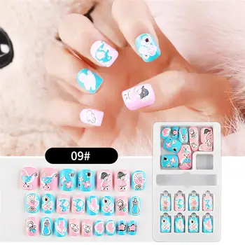 

1Set Press On Children Candy False Nail Tips Cartoon Full Cover Kid Pink Fake Nail Art For Little Girls 9 Design Manicure Tool