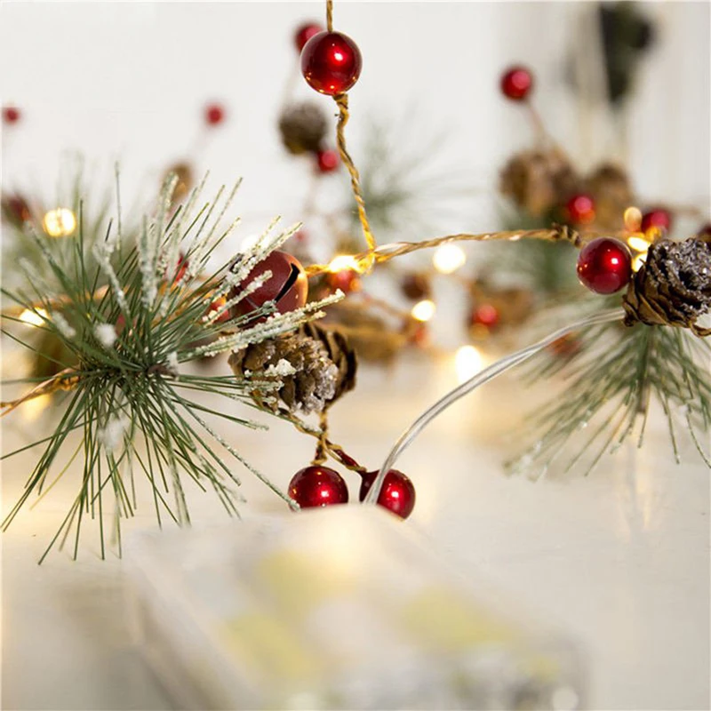 Светодиодный светильник в виде сосновых орехов, рождественские сосновые шишки, ветка, красные бусины, звезды, для дома, вечерние, свадебные, декоративные гирлянды, декор D35