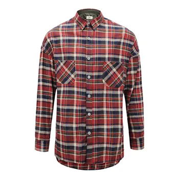 

New Flannel Red Plaid Shirt Men's Arc Hem Long Sleeve Lapel Streetwear Shirts Autumn Hip Hop Loose Plus Size Mens Shirt