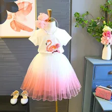 Платье для девочек, футболка с короткими рукавами+ платье с цветочным рисунком фламинго, комплект из 2 предметов, одежда для малышей повседневная одежда для детей комплект для малышей