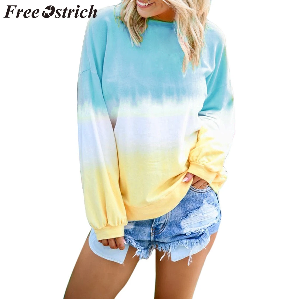 

FREE OSTRICH Womens Tops And Blouses Gradient Long Sleeve Pullover O-Neck Print Loose Sexy Autumn And Winter Blouses Woman 2019