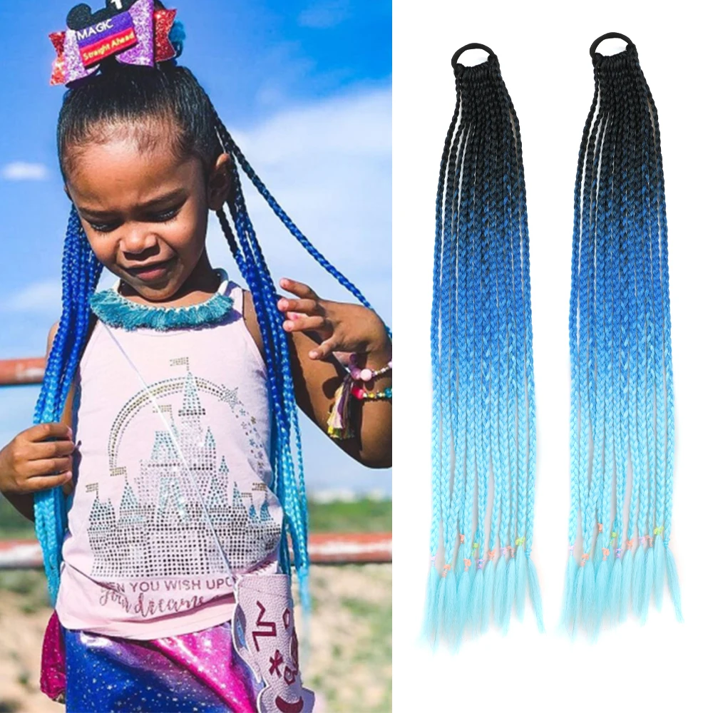 Synthetic Ombre Red Blue Pink Rainbow Overhead Tail Colorful Box Braids Ponytail Hair Extensions with Elastic Band False Pigtail