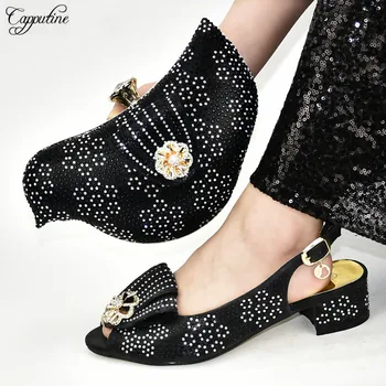 

Hot Sale Black African Women's Medium Heel Shoes With Purse Bag Set Party Sandals And Handbag 111-2 Heel Height 4.5CM