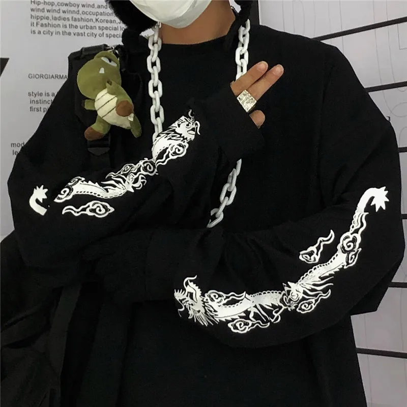 

Harajuku Autumn T-shirt Women Dark Dragon Printed Long Sleeve Loose Top Tee Streetwear Fashion Casual T-shirt Unisex Black White