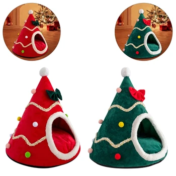 

2020 New Year Decor Dog Cat Soft Warm Nest Bed Christmas Tree Shape Pet Dog Cat Cave House Sleeping Bed Plush Cat Cushion Nest