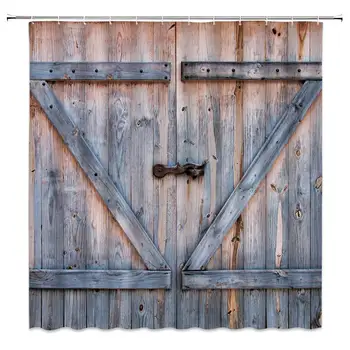 

Rustic Shower Curtain Old Wooden Barn Garage Door Vintage Farmhouse Gate Decor Brown Fabric Bathroom Curtains,Polyester with