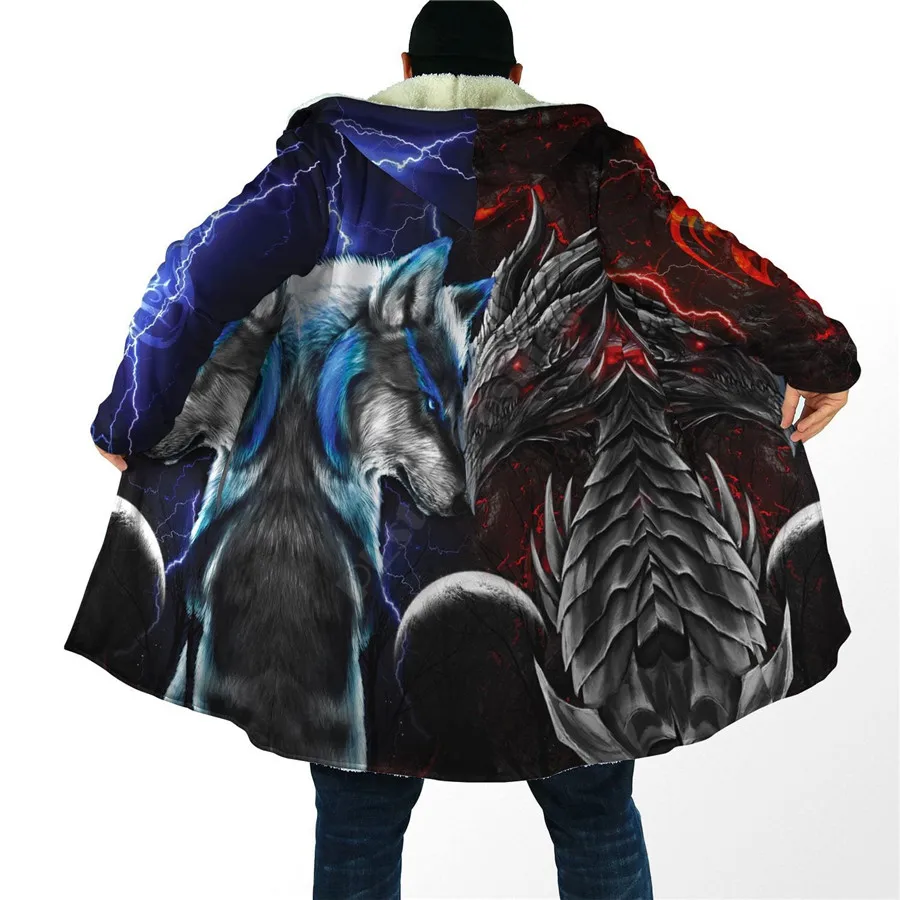 Winter Men For Women Hooded Cloak Dragon&Wolf 3D All Over Prined Fleece wind breaker Warm Hood cloak