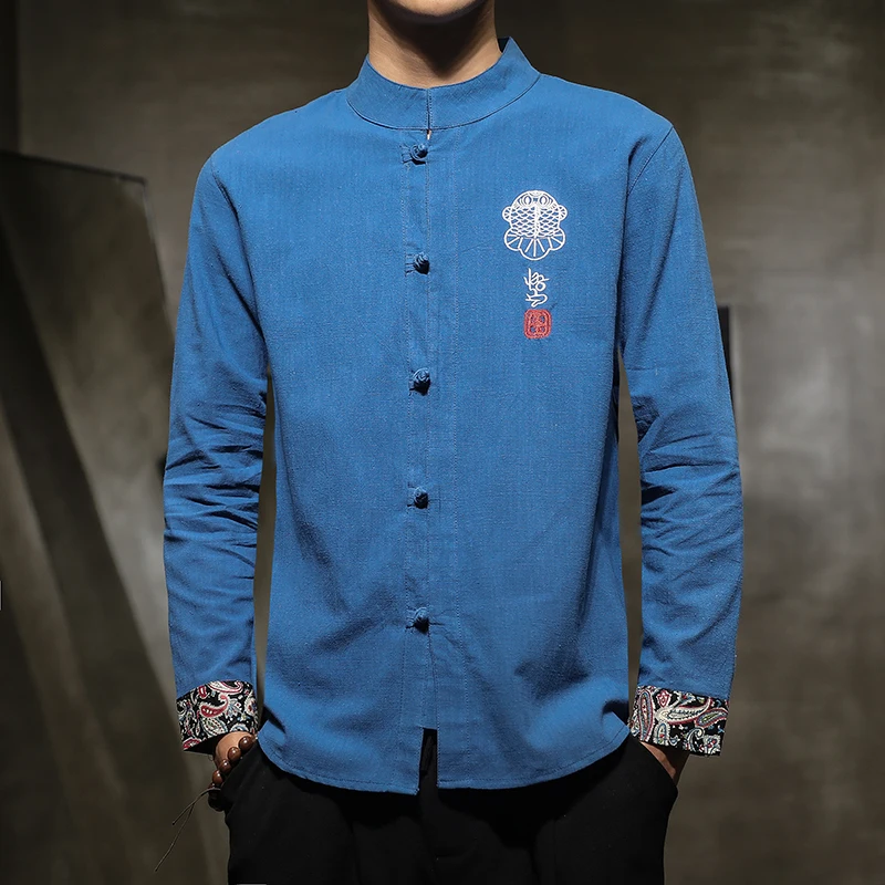 Sinicism Store, Осенние хлопковые льняные рубашки с вышивкой, мужские кимоно, традиционные рубашки с открытой строчкой, мужская рубашка в китайском стиле - Цвет: Blue(AsianSize)