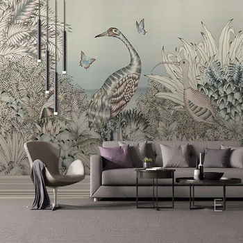 

Custom Mural Wallpaper Retro Tropical Rain Forest Gray Crane Bird Butterfly Fresco Living Room TV Sofa 3D Self-Adhesive Sticker