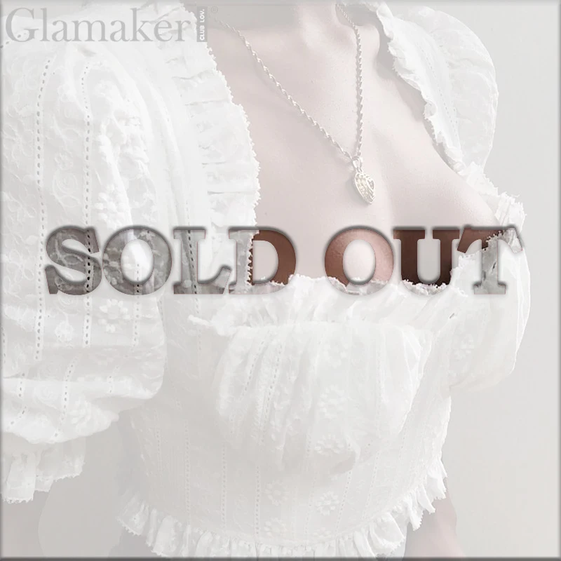 

Glamaker White ruffles sexy bodycon blouse shirt Women autumn short blouse elegant Female puff sleeve winter club crop shirt top