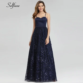 

Elegant Navy Blue Maxi Dresses A-Line Spaghetti Straps Sequined Backless Women Dresses Ladies Summer Party Dresses Robe Femme