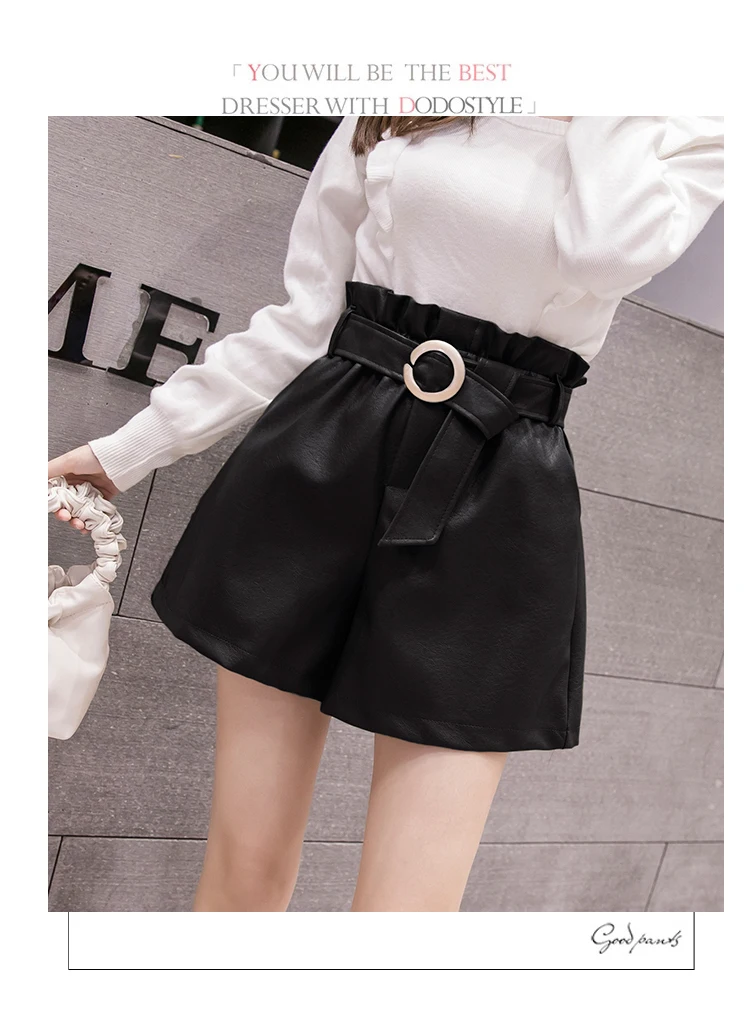 REALEFT Autumn Winter PU Leather Short Belt High Waist Vintage Black Wide Leg Pants Casual Short Pant Female Pocket New