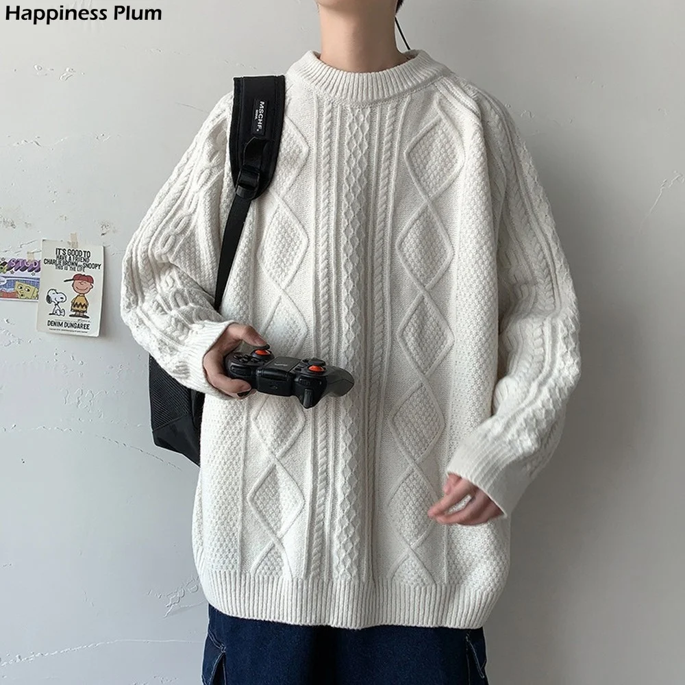 

White Sweater Men Crew Neck Sweaters Long Sleeve Shirts Men Fashion Clothing Korean Style Clothes Cable Knit Sweater Oversized