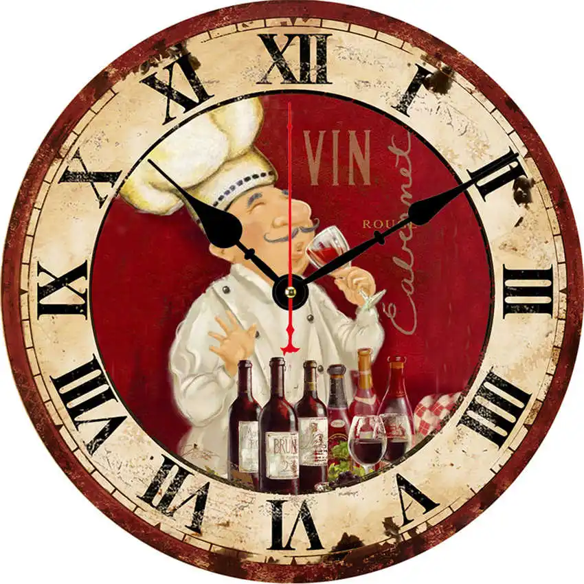 Figure Wall Clocks Shabby Retro Home Kitchen Room Decor Rustic Cooker Non-Ticking Silent Quiet Cook Small Kitchen Clocks 