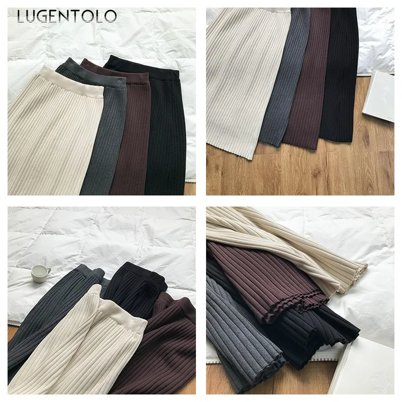 Lugentolo, женские юбки, Осень-зима, вязанные, высокая талия, тонкие, в полоску, одноцветные, элегантные, средней длины, для девушек, корейская мода, новые юбки