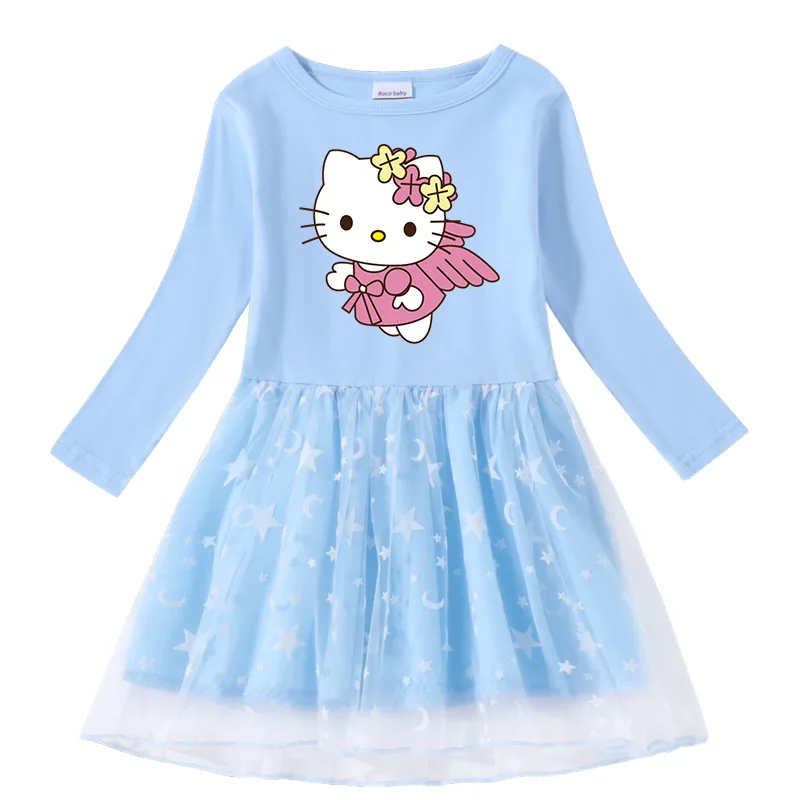 thumbnail image 1 of Hello Kitty primavera y otoño nuevas niñas vestido de algodón con estampado de dibujos animados lindo estrella Luna hilo neto manga larga vestido de princesa plisado, 1 of 5