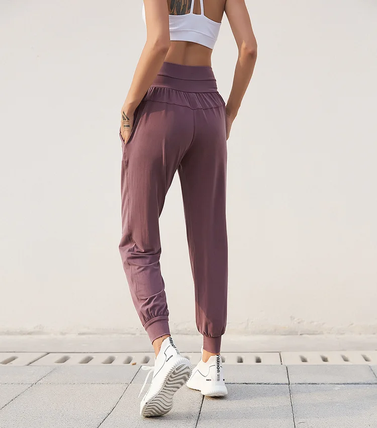 Женские свободные штаны для йоги, тянущиеся спортивные штаны для бега, быстросохнущие штаны для фитнеса, Женские Дышащие штаны для йоги с широкими штанинами - Цвет: Фиолетовый