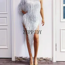 Модное сексуальное Белое платье с кисточками на одно плечо, для вечеринки, стразы, бахрома, платье для латинских танцев, праздничное белое платье