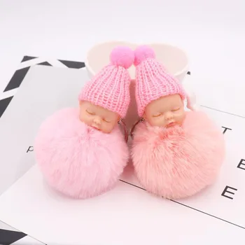 

30pcs/lot Plush Sleeping Baby Keychains With Knitted Hat Lovely Dolls Pendant Key Ring Girls Bag Decorations For Women Jewelry