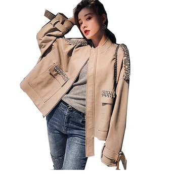 

Women's Leather Jackets Spring Autumn Short Khaki Zip Fashion European American Style Loose personality Aviator Jacket LL80