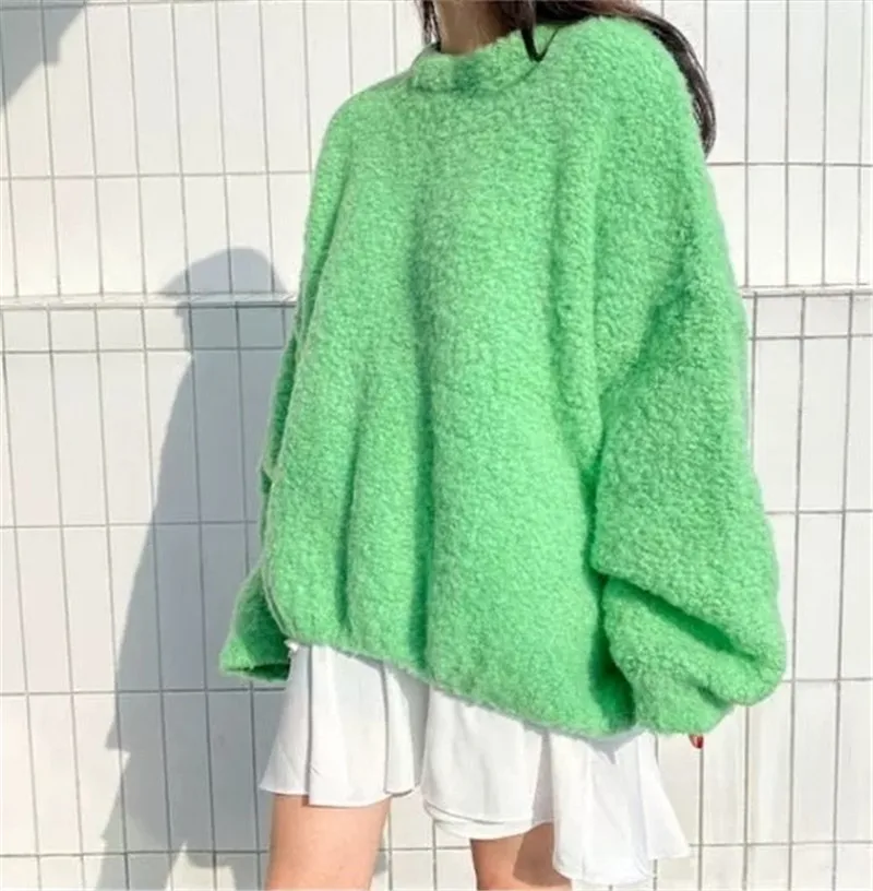 

Winter Oversized Sweet Sweater for Women Ladies Korean Style Loose O-neck Jumper Top Solid Fleece Lantern Sleeve Thicken Blouse