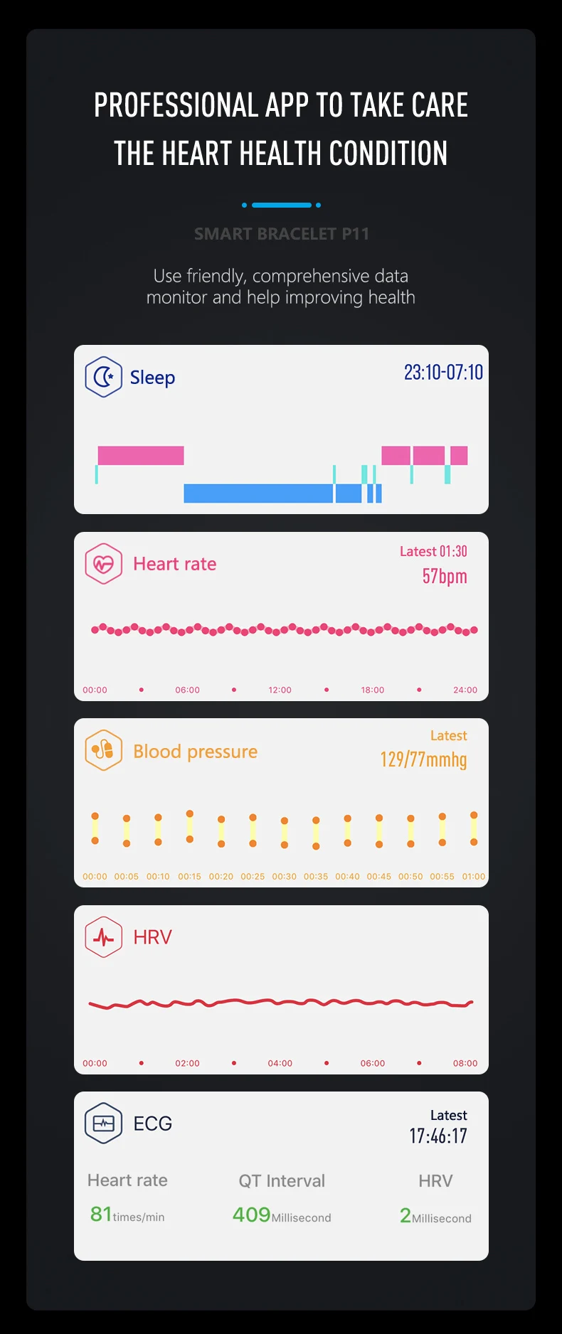 Rastreador de Fitness Relógios de Freqüência Bluetooth à Prova Ecg + Ppg Pulseira Inteligente Cardíaca Pressão Arterial Dispositivos Wearable d' Água P11 7 Pulseiras inteligentes